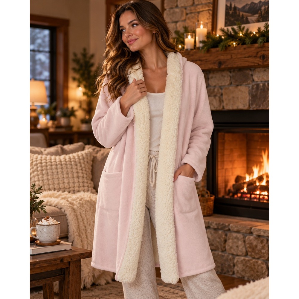 UGG Portola Reversible Robe Shell Pink Heather Fleece Hooded Womens M No Belt